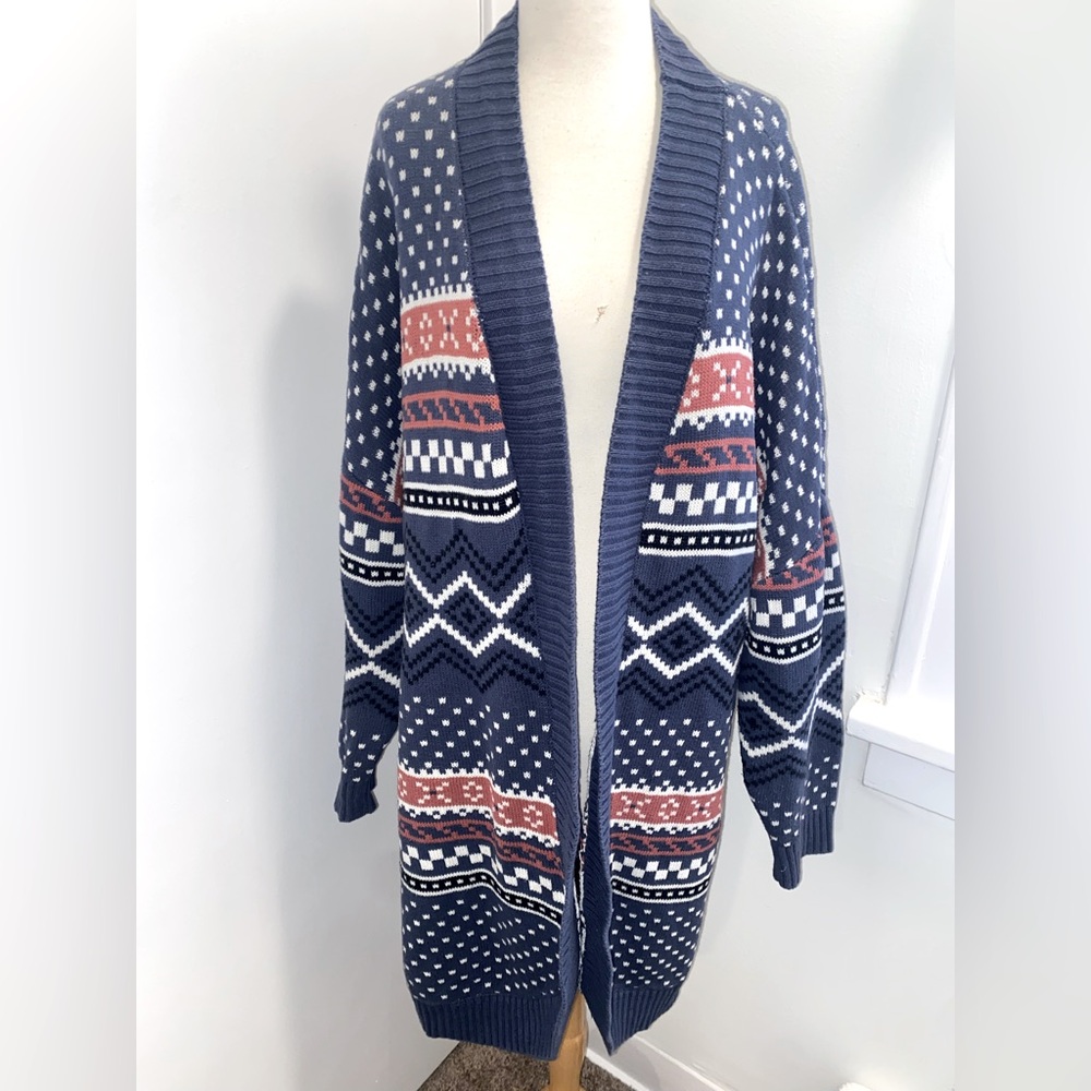 MODCLOTH Navy and Red Patterned Women's Long Cardigan Sweater - Size 2X - EUC